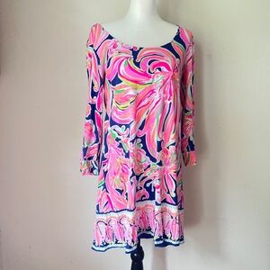 Lilly Pulitzer Emma Swing 3/4 Length Dress Resort Navy Banana Flambe Womens Med.